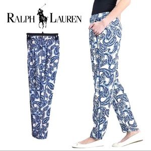 LAUREN RALPH LAUREN White Blue Paisley Twill Drawstring Pants. Size 14